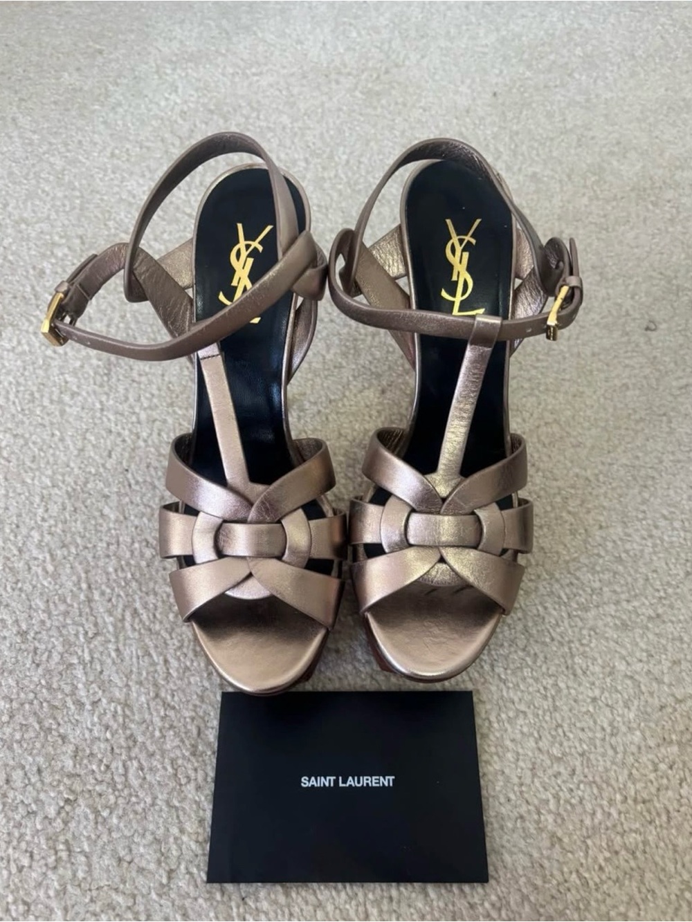 Saint Laurent Metallic Bronze Knotted Leather T-Strap Heels
